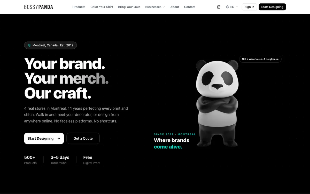 Sweater Planet homepage showing Bossy Panda. Canadian Shopify print-on-demand service for ecommerce stores.