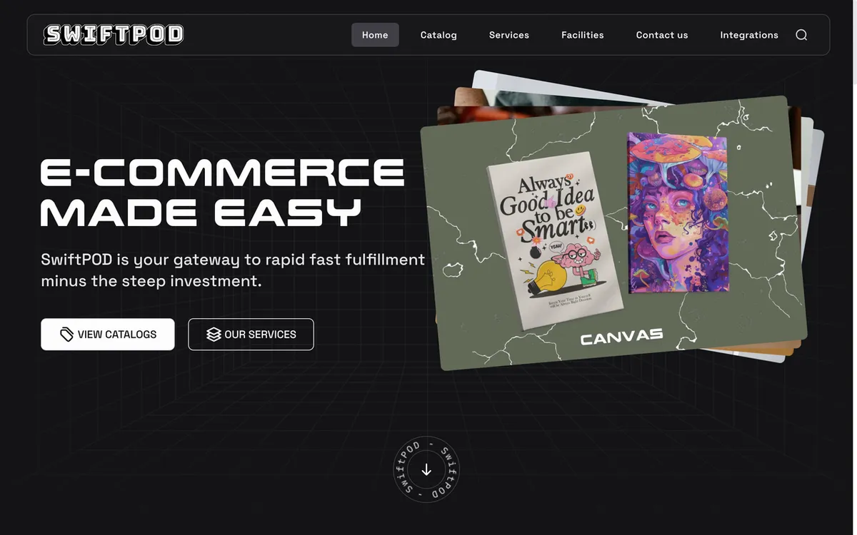 SwiftPOD homepage. US-based print-on-demand supplier offering apparel fulfilment with Shopify and WooCommerce integration.