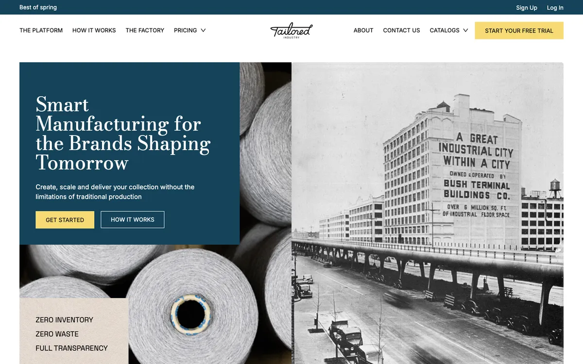 Tailored Industry homepage. Print-on-demand knitwear service letting merchants list quality knits with no inventory.