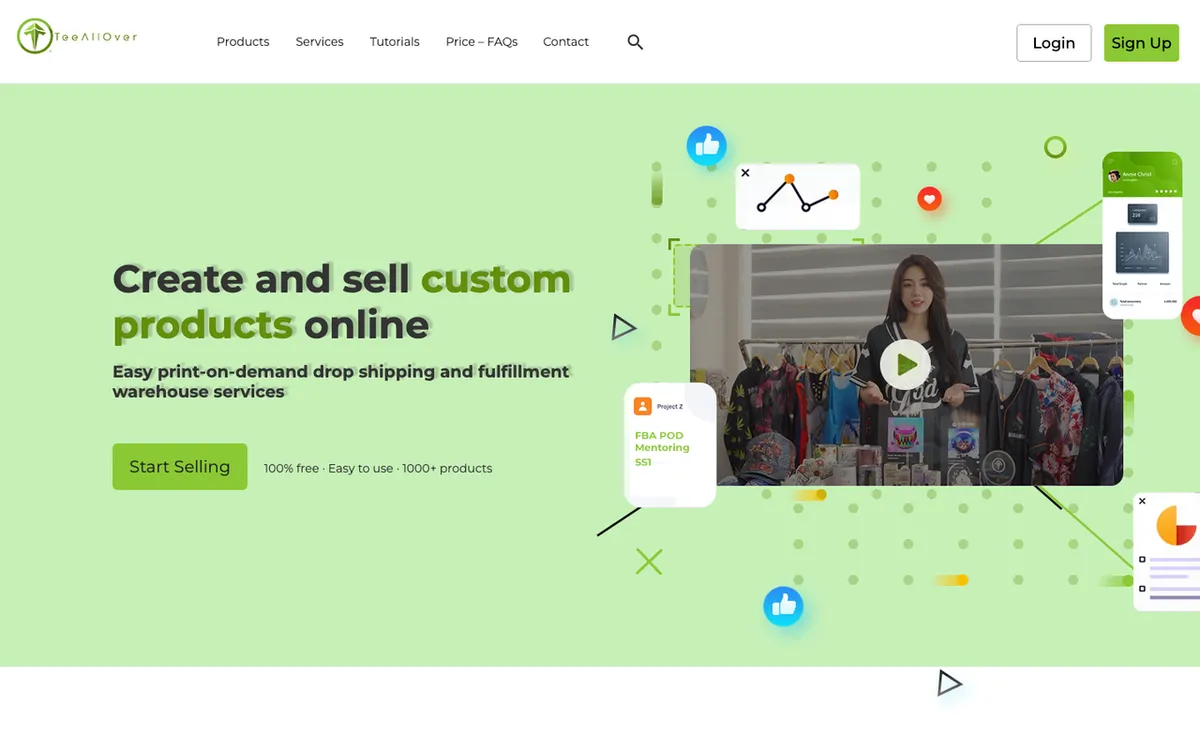 Teeallover homepage. Print-on-demand dropshipping service with factories in the US, China and Vietnam.