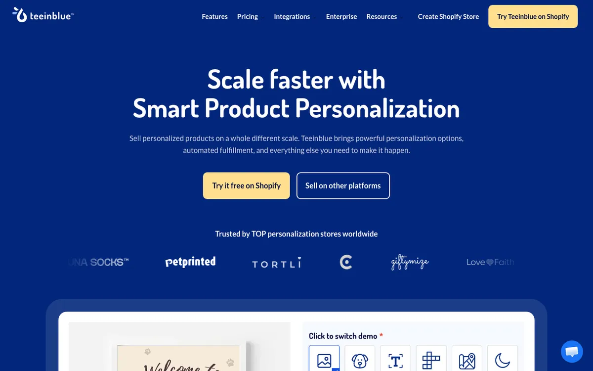 Teeinblue homepage. Shopify personalisation app for POD stores with native Printful, Printify and Custom Cat integrations.