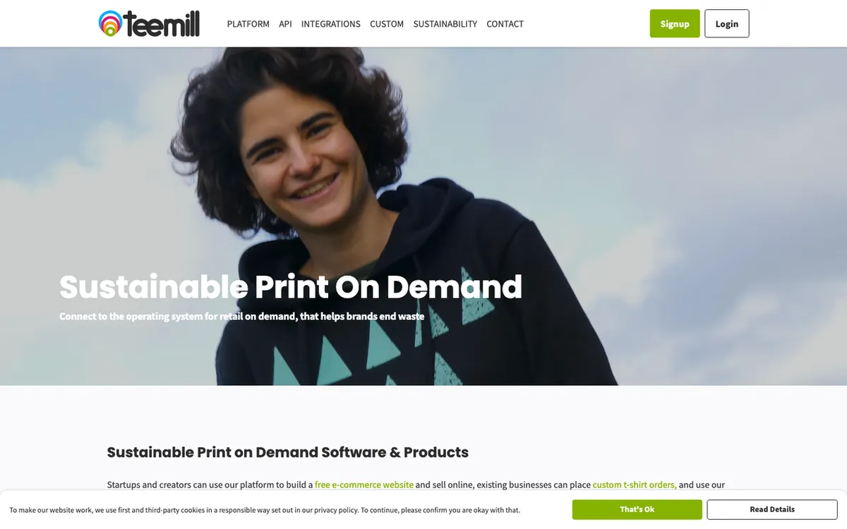 Teemill homepage. UK sustainable print-on-demand platform for organic-cotton apparel and merch from a renewable-powered factory.
