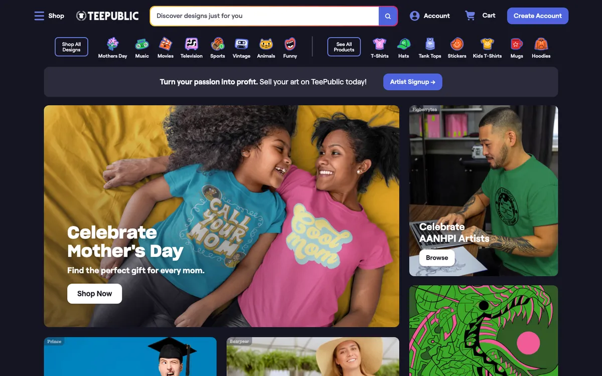 TeePublic homepage. US artist apparel marketplace owned by Redbubble focused on graphic tees, hoodies and art prints.