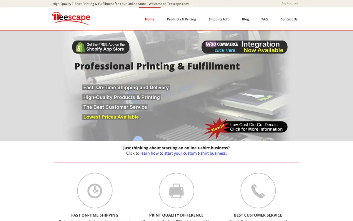 Teescape homepage. Print-on-demand service for launching and growing custom-designed product stores.