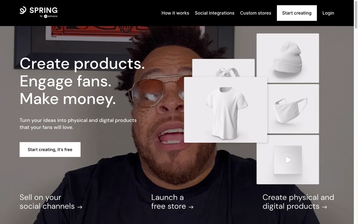 Teespring homepage. Spring creator-first print-on-demand platform integrating with YouTube, TikTok, Twitch and Instagram.
