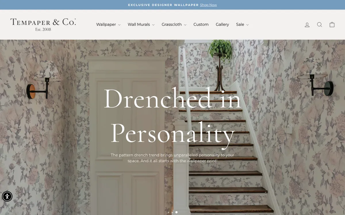Tempaper homepage. US peel-and-stick wallpaper brand with custom print-on-demand uploads.