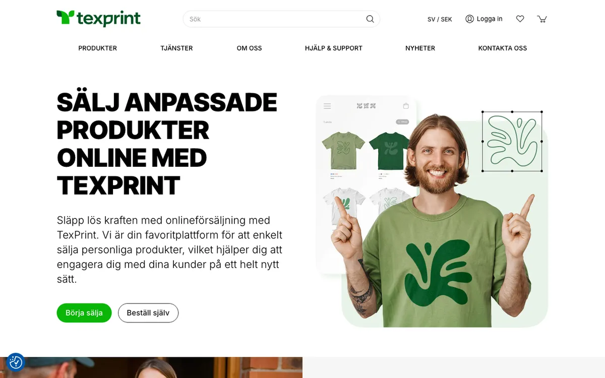 Textilprint i Forserum homepage. TexPrint tool for selling custom personalised products through Shopify integration.