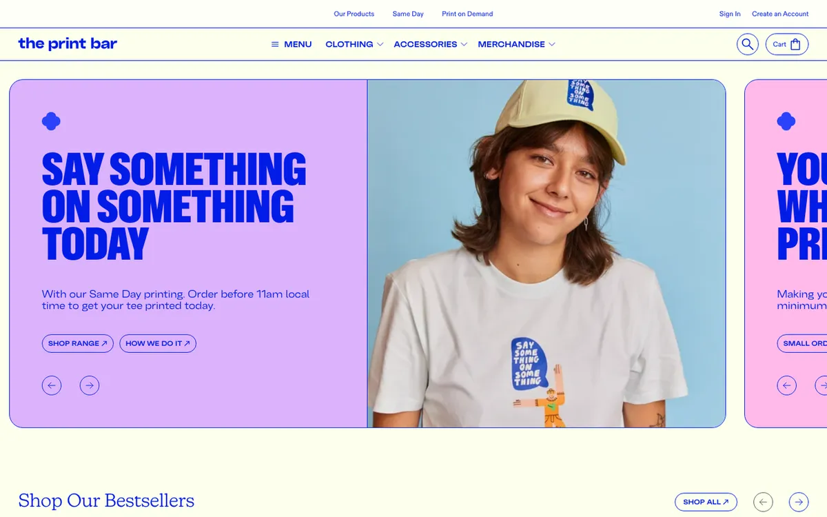 The Print Bar homepage. Print-on-demand tool for designing and selling custom tees, hoodies, hats and tote bags.