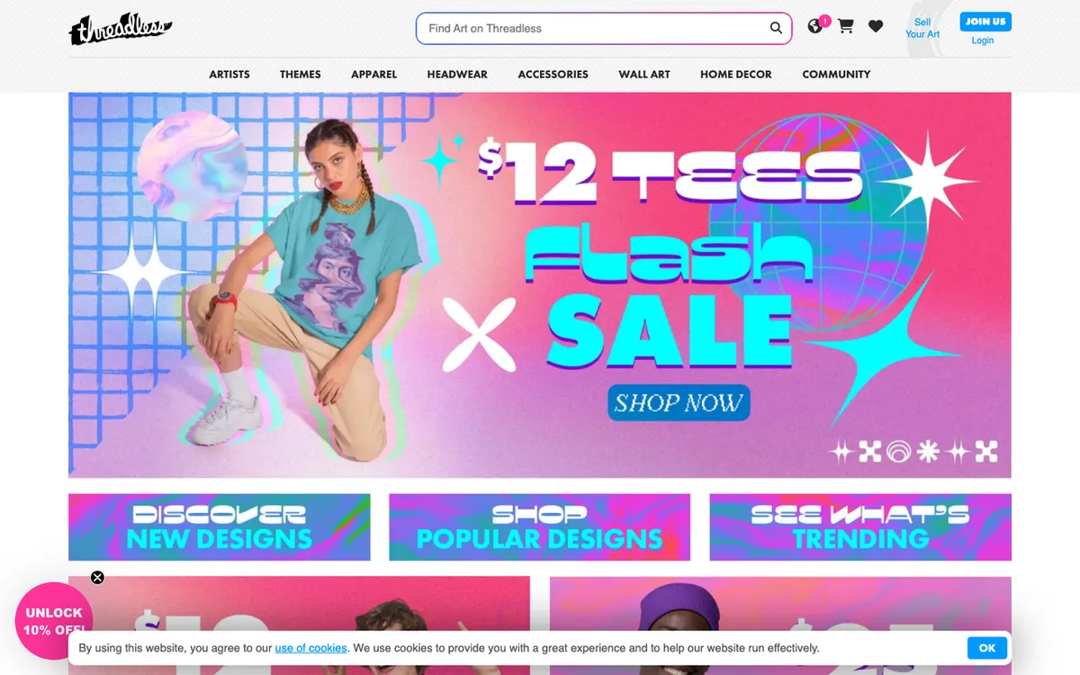 Threadless homepage. US creator-community POD marketplace with artist shops and design challenges.