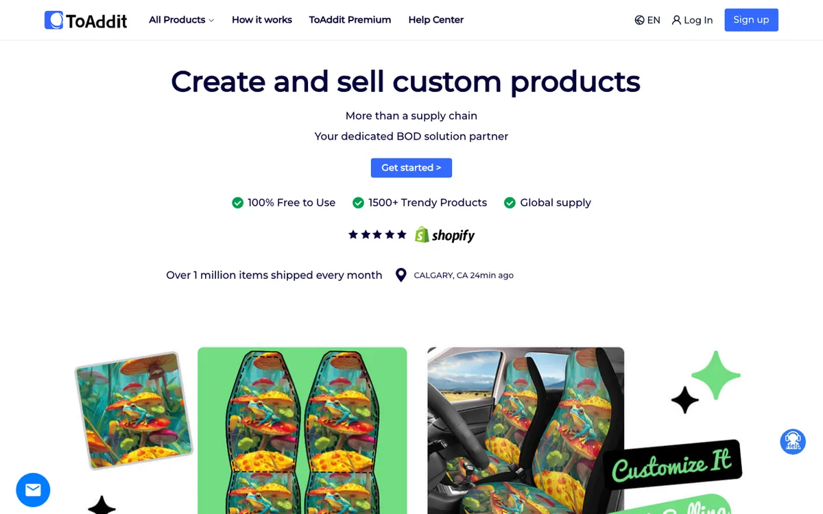 Toaddit homepage. Asia print-on-demand supplier with customisable products, global shipping and no minimum order.