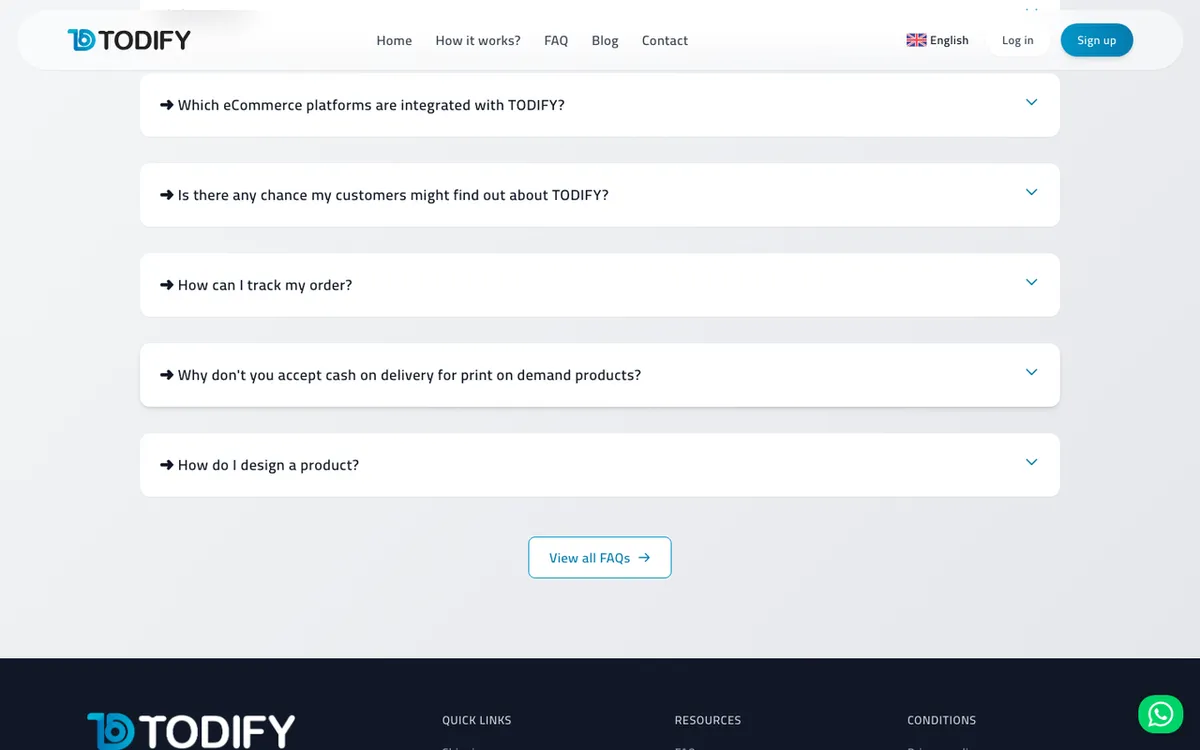 Todify homepage. Print-on-demand service for designing and selling custom printed products with automated fulfilment.