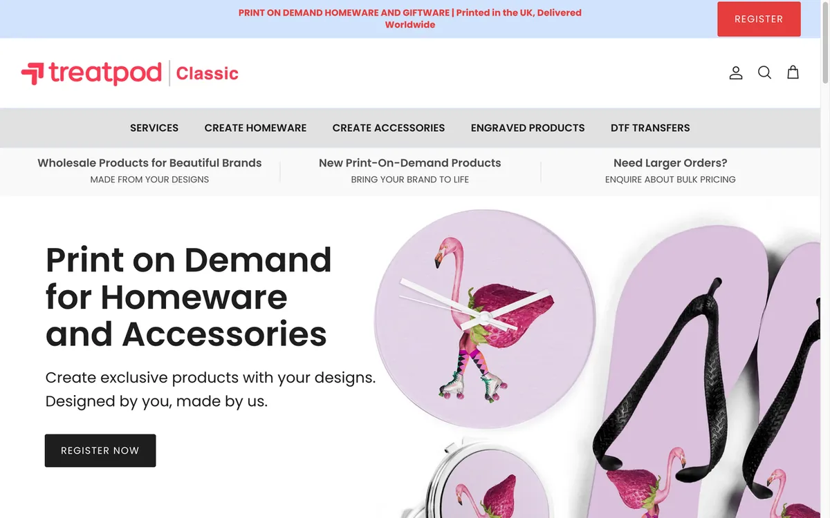 TreatPOD homepage. UK print-on-demand supplier for homeware and giftware with dropshipping and small-volume runs.