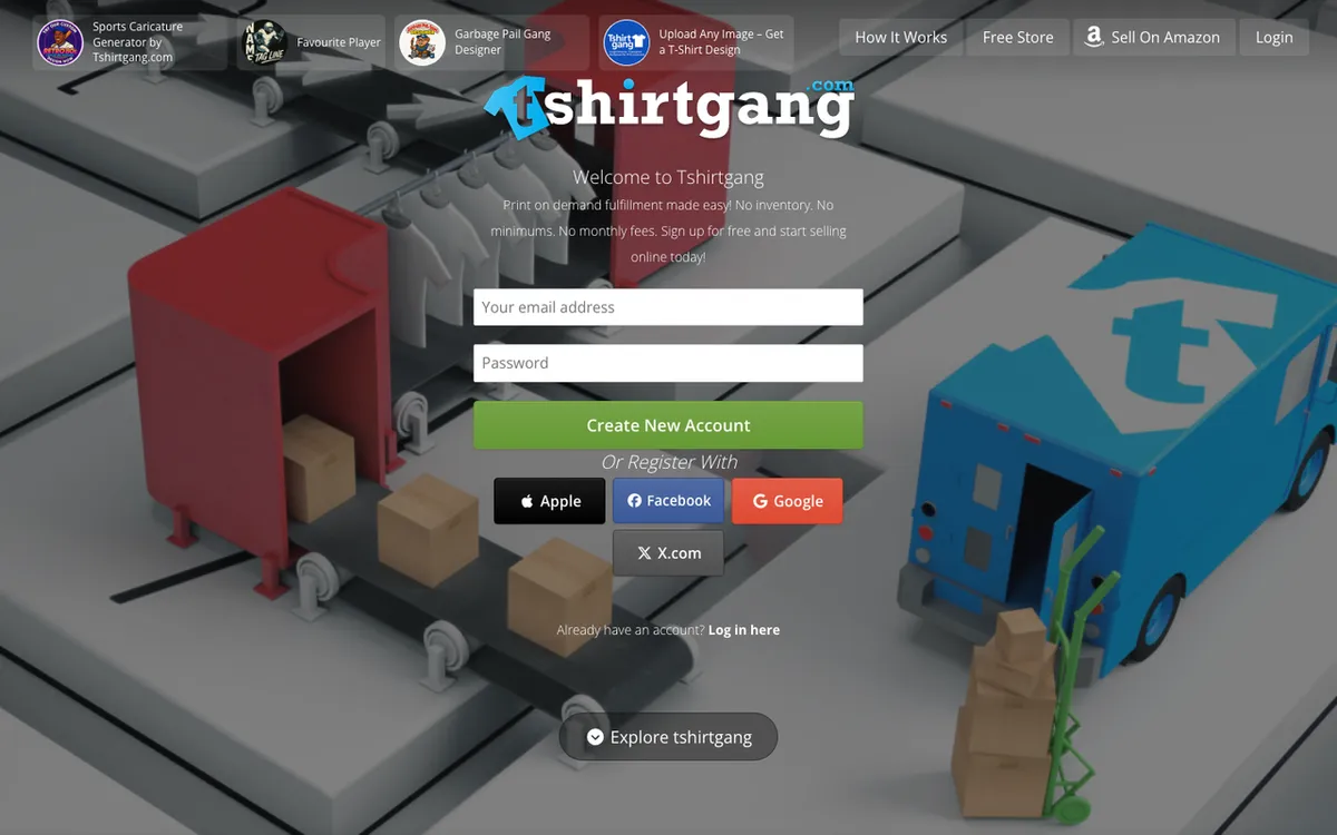 TshirtGang homepage. US print-on-demand service for custom t-shirts with same-day shipping and marketplace integrations.