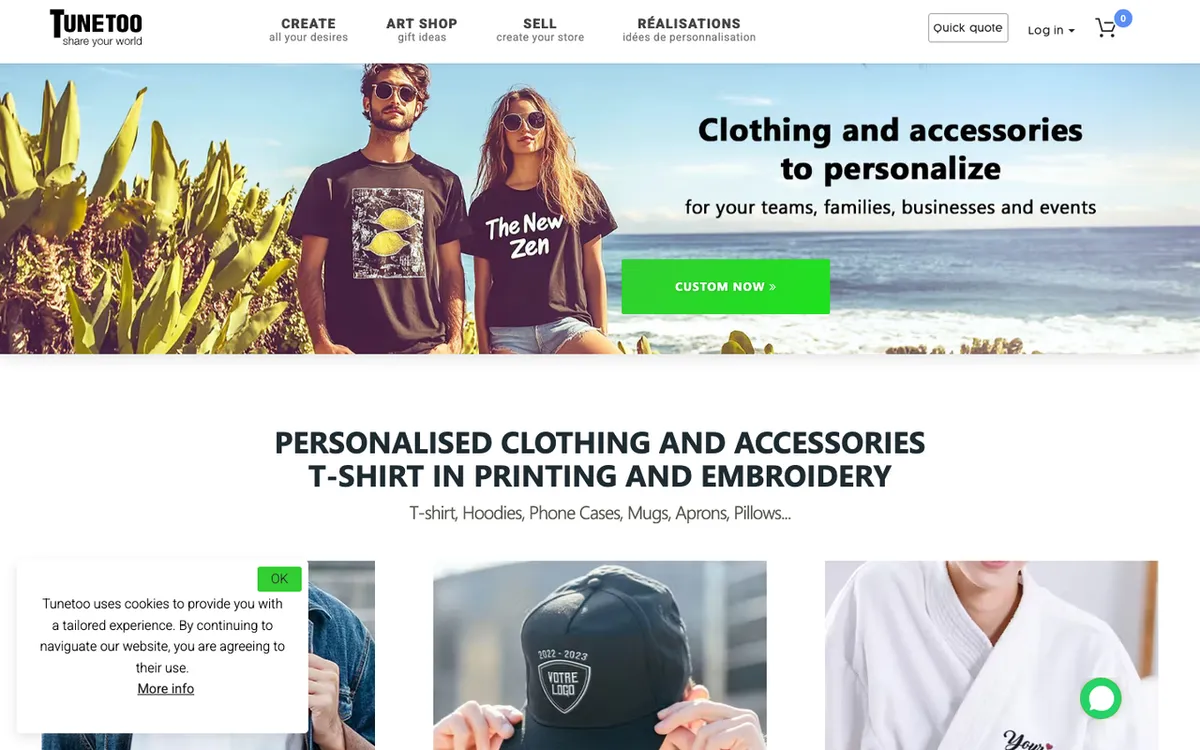 Tunetoo homepage. Shopify print-on-demand app for custom products with white-label branding.