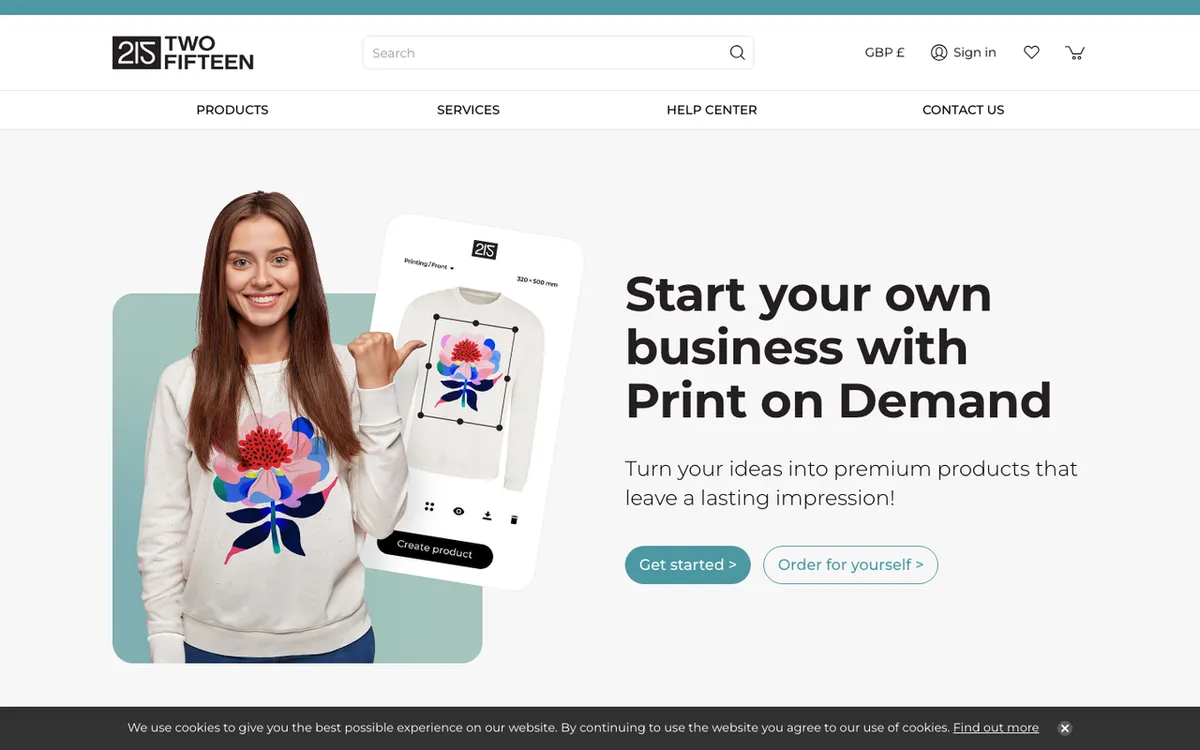 Two Fifteen homepage. UK print-on-demand service for designing, selling and shipping custom products globally.