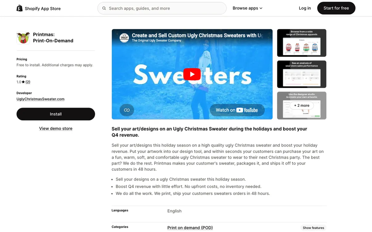 UglyChristmasSweater.com homepage. Print-on-demand service for selling custom holiday-themed sweater designs.