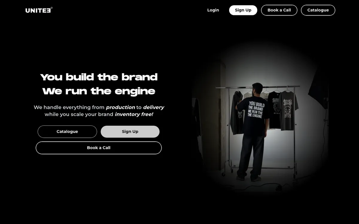 Unitee Studios homepage. India print-on-demand fashion platform handling inventory, printing and shipping.