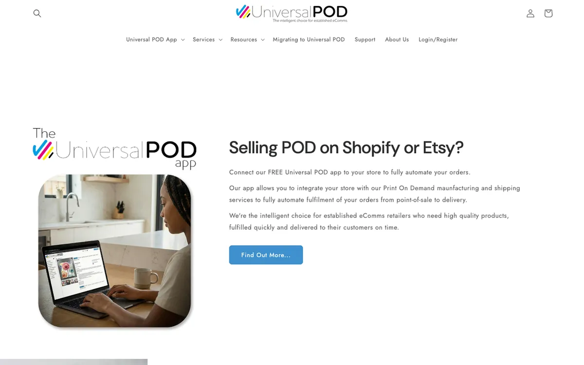 Universal POD homepage. Fully automated print-on-demand manufacturing and shipping service for online stores.