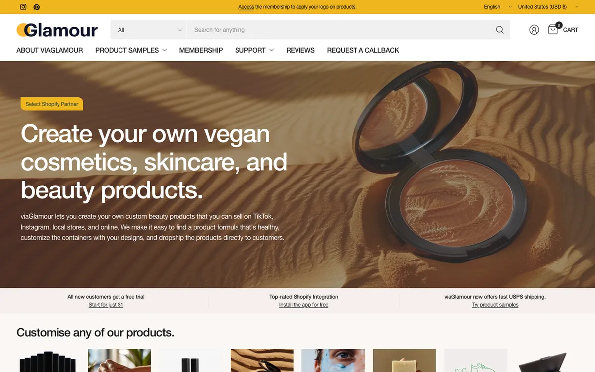 viaGlamour Beauty homepage. Canadian private-label print-on-demand lab for vegan skincare with eco-friendly packaging.