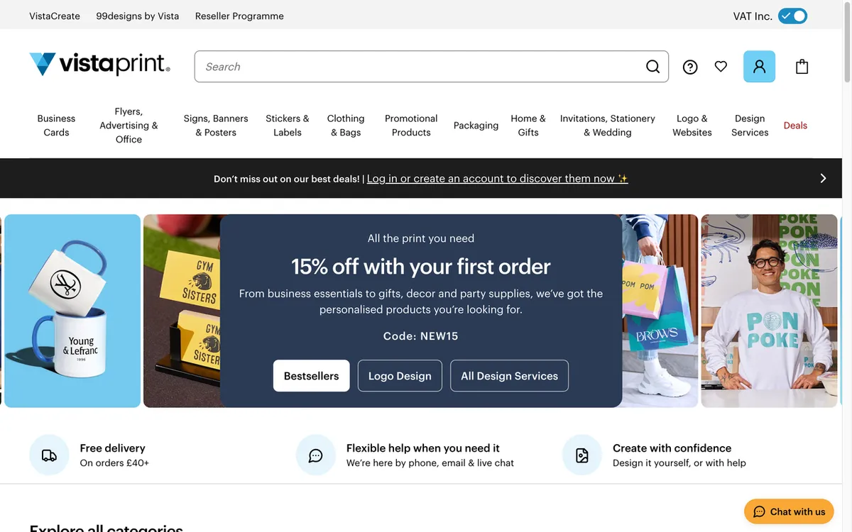 Vistaprint homepage. Global mass-market stationery, business print and custom goods service owned by Cimpress.