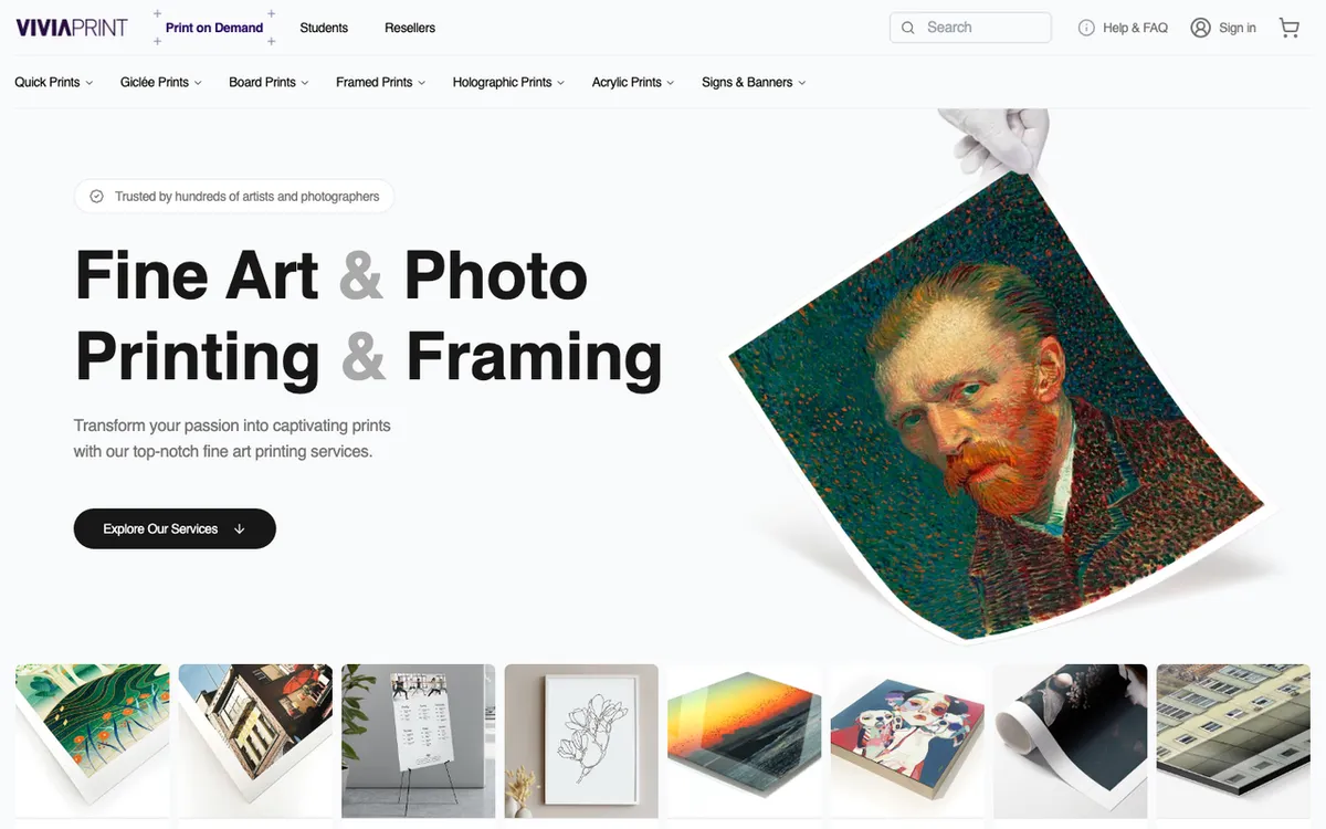 Vivia Print homepage. Print-on-demand fulfilment service for artists and businesses selling fine art and photo prints.