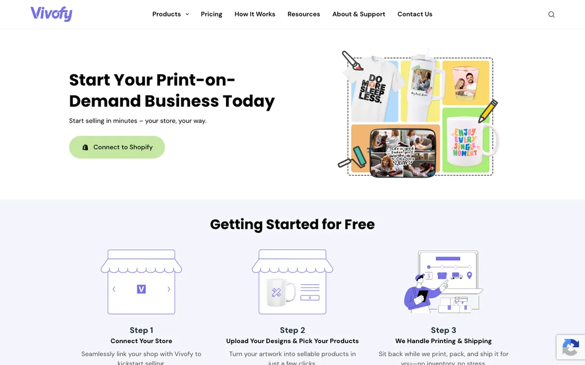 Vivofy homepage. Print-on-demand fulfilment service for selling custom products without inventory.