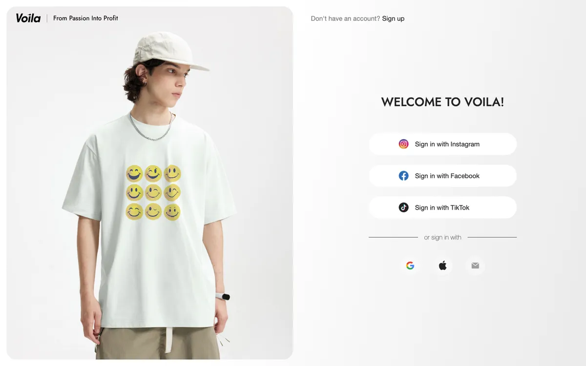 Voila homepage. Print-on-demand supplier for custom apparel and accessories with Shopify integration and worldwide shipping.