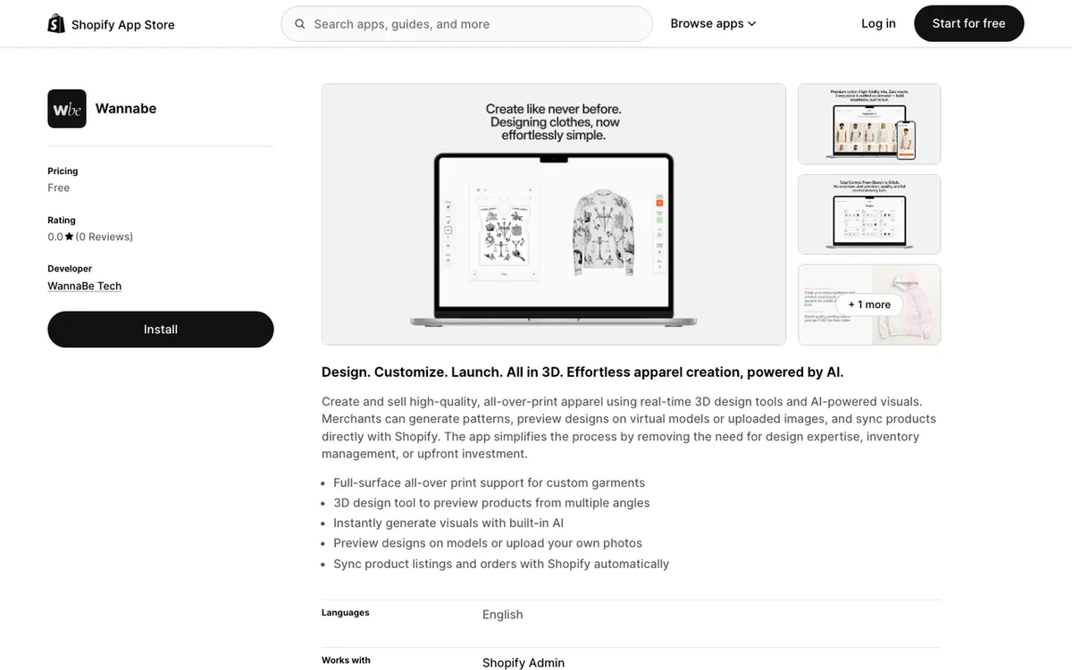 WannaBe Tech homepage. AI-powered 3D apparel design tool for creating all-over-print products.