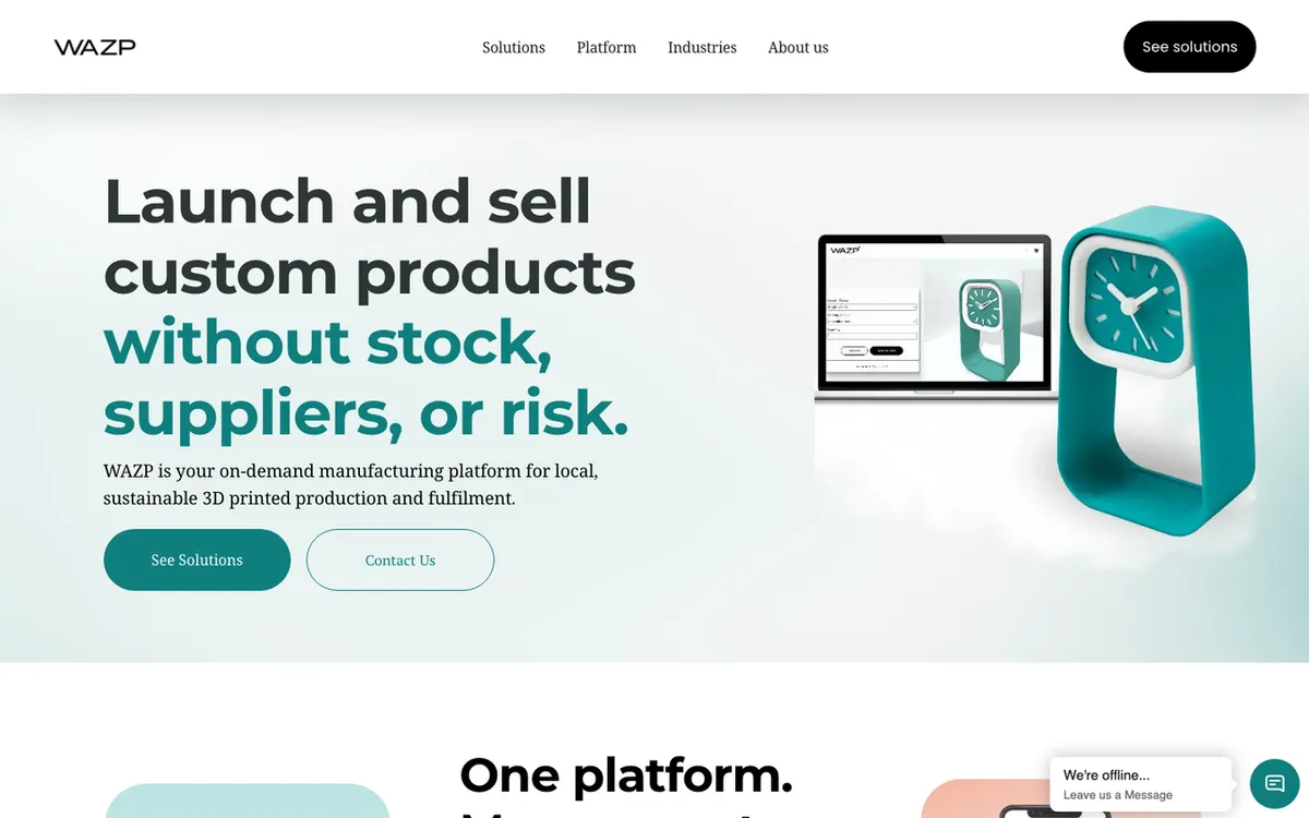 WAZP homepage. Print-on-demand service offering 3D-printed products via Shopify integration.