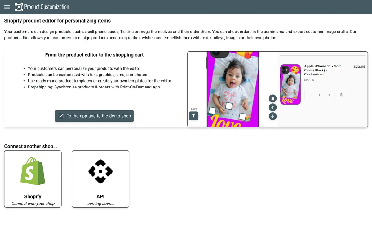 wekumo homepage. Product editor tool letting customers customise phone cases, t-shirts and mugs in-store.