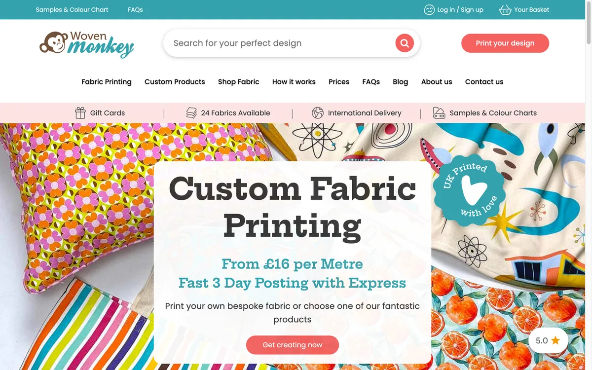Woven Monkey homepage. UK custom fabric printing service with a designer marketplace and bespoke yardage options.