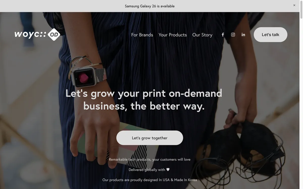 WOYC On-Demand homepage. Print-on-demand service for tech-savvy lifestyle products designed in the US and made in South Korea.