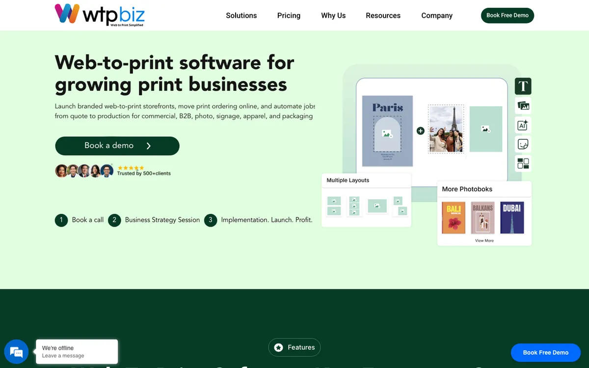 WTPBiz homepage. Photo-to-frame customiser tool for live previews and print-ready file generation.