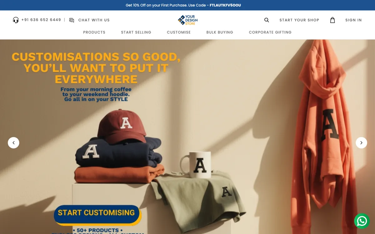 Your Design Store homepage. White-label print-on-demand platform with mockups and automated Shopify fulfilment.