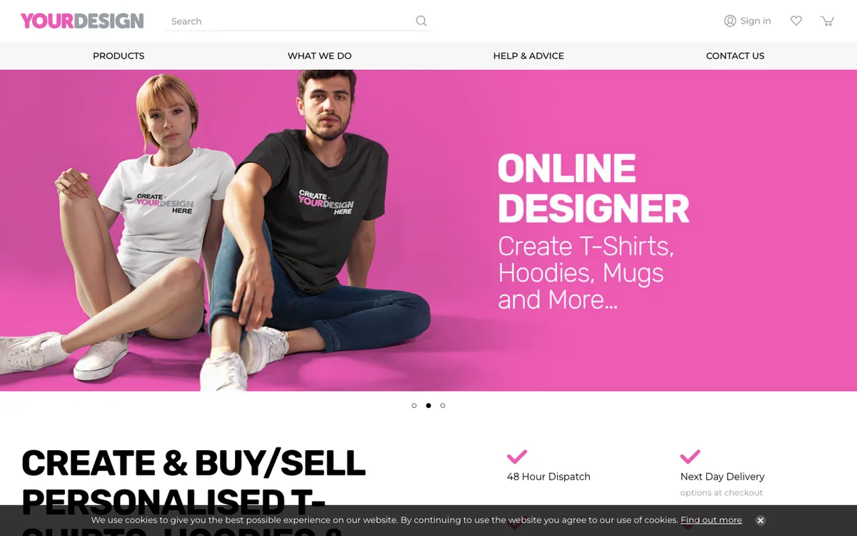 Yourdesign homepage. UK print-on-demand service for t-shirts, hoodies and mugs with quick dispatch.