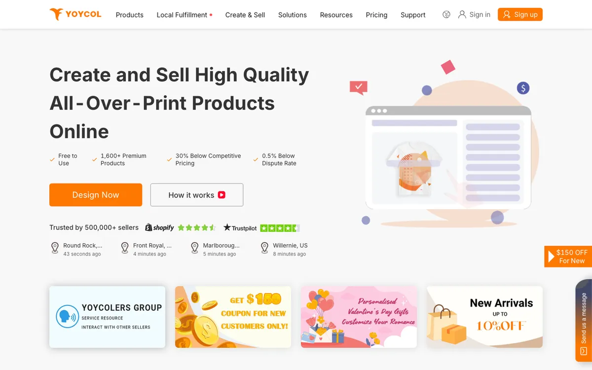 Yoycol homepage. China all-over-print print-on-demand specialist with 900+ cut-and-sew products.