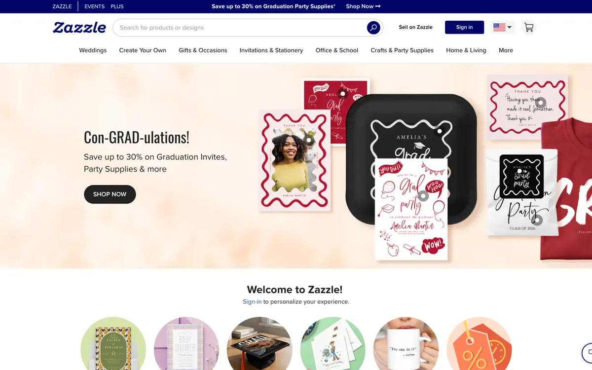 Zazzle homepage. US print-on-demand marketplace with 1,000+ customisable apparel, stationery and home goods.