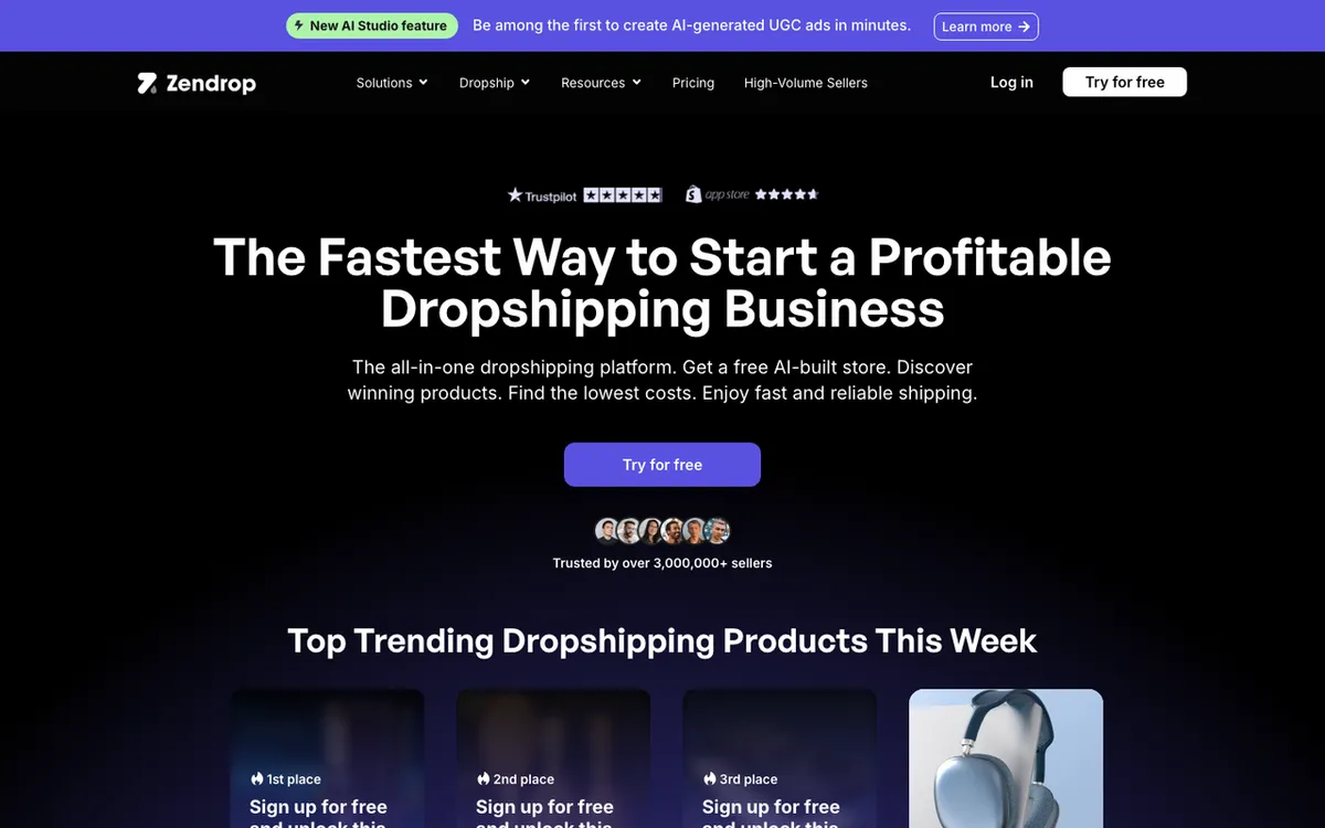Zendrop homepage. US dropshipping and POD sourcing service with AI fulfilment automation and fast delivery.