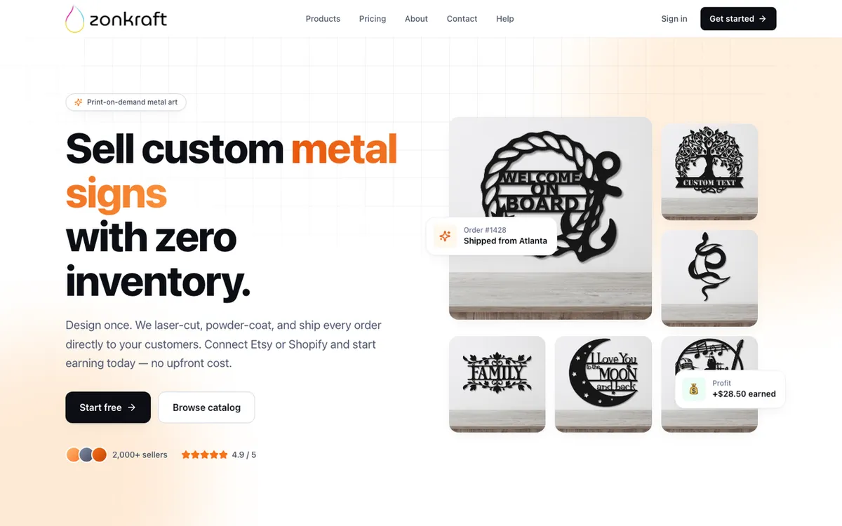 zonkraft homepage. US made-on-demand metal art service for Shopify wall pieces, monograms and decor.